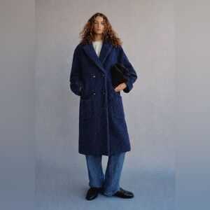 Bershka Navy Double-Breasted Teddy Coat